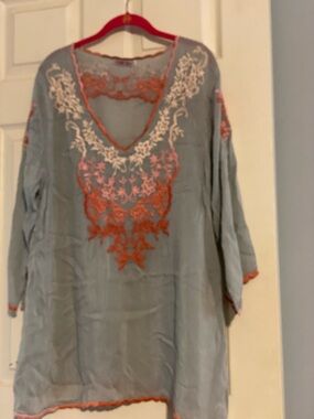 Johnny Was Light Blue Tunic with Coral and Cream Embroidery, Size XL